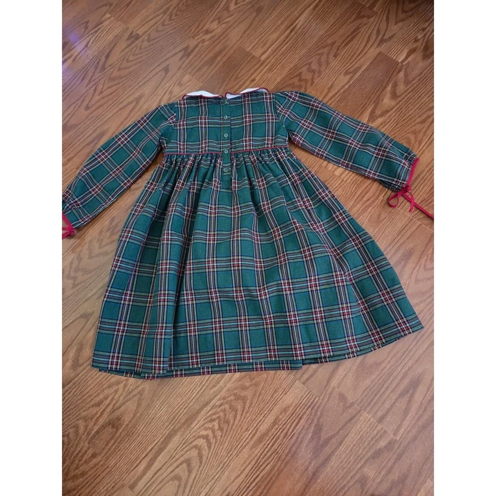 Saving Grace Smocks Girls Green Plaid Smocked Christmas Dress Pearl Accents 7